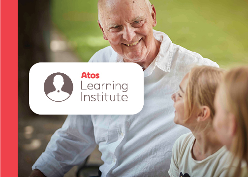 atos learning institute event banner, man living with laryngectomy smiling with children